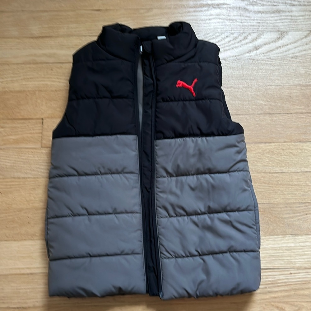 PUMA Boys Black Gray Colorblock Puffer Vest Athletic Zip Up Outerwear